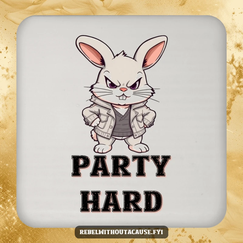 Funny drink coaster featuring a scowling, defiant bunny in a ripped jacket, protecting surfaces with a mischievous attitude.