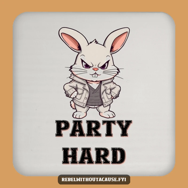 Funny Defiant Bunny Coaster: Scowling Protection, Ripped Jacket Style, Party Gift