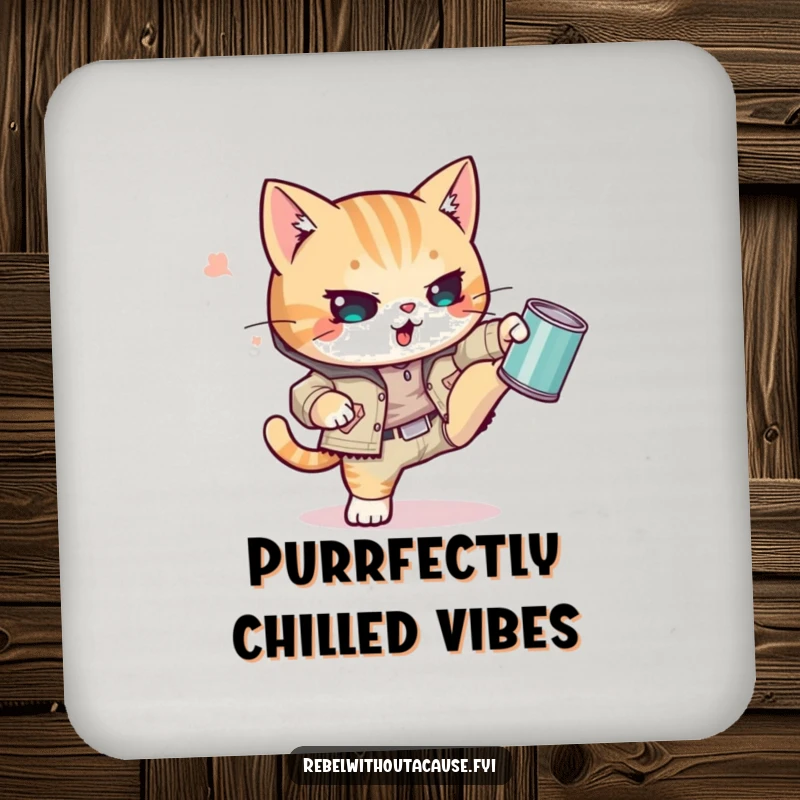 Funny Kawaii Cat Coaster with a defiantly cool punk kitty in ripped gear, kicking a tin can, bringing edgy flair to surfaces.