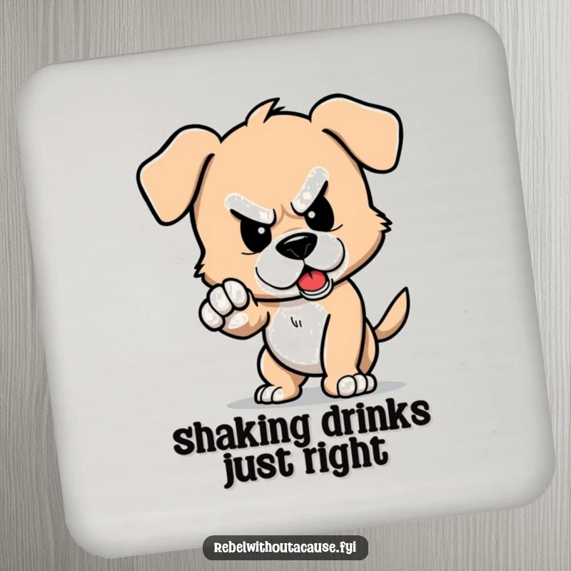Funny drink coaster featuring a defiant puppy character stomping its foot, causing a small tremor.