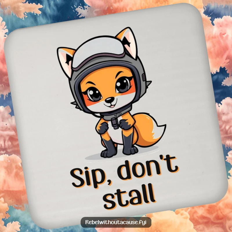 Funny coasters showcasing a cool fox in a motorcycle helmet, protecting furniture with stylish confidence.