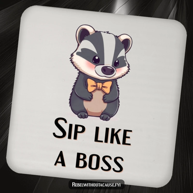 Funny drink coasters with a bold badger wearing a tiny, crooked bowtie, looking aloof, offering surface protection with sophisticated humor, a unique funny gift.