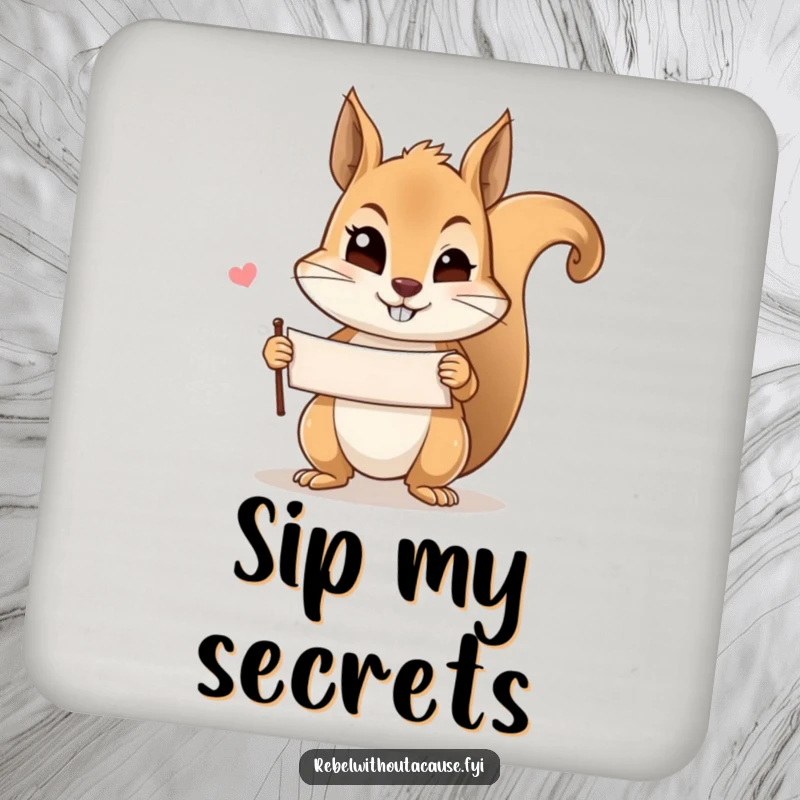 Funny mischievous squirrel wink coasters featuring a squirrel holding a banner and winking, adding a touch of playful mystery to tables.
