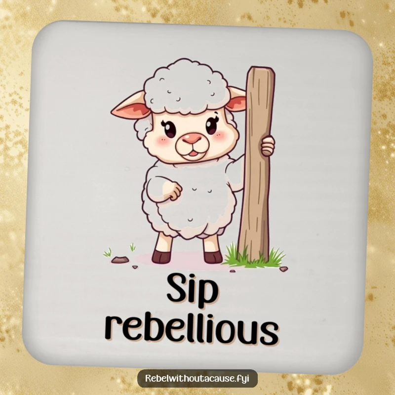 Funny coaster featuring a defiant sheep holding a broken fence post, adding humorous farmyard charm to drink protection.