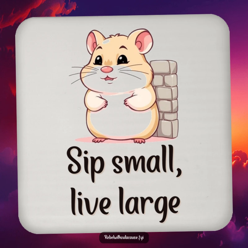 Funny coaster featuring a confident hamster smirking while leaning against a miniature wall, adding humorous charm to protection.
