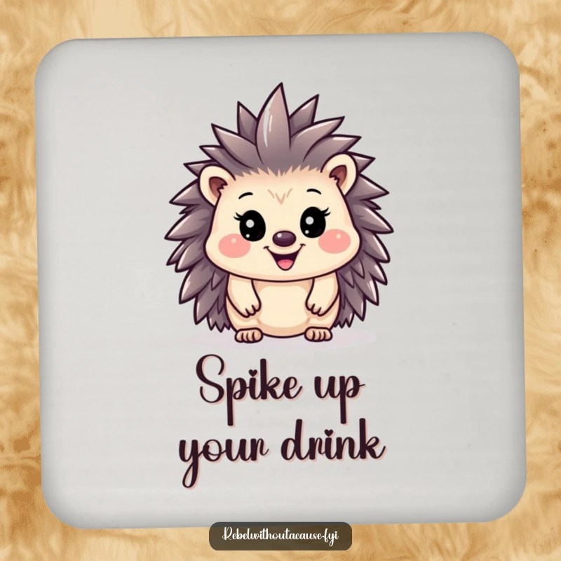 Funny hedgehog with a tiny mohawk on a drink coaster, adding punk flair to any surface.