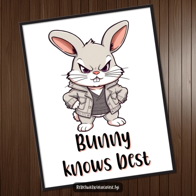 Funny poster print of a scowling, defiant bunny wearing a ripped jacket, full of playful attitude and rebellious spirit.
