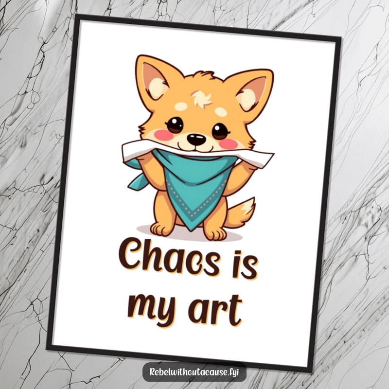 Funny poster of a carefree dog with a bandana, gleefully ripping paper, bringing a touch of playful chaos to decor.