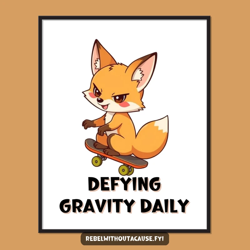 Funny Fox Poster: Cheeky Backwards Skateboarder, Perfect Wall Art & Funny Gift