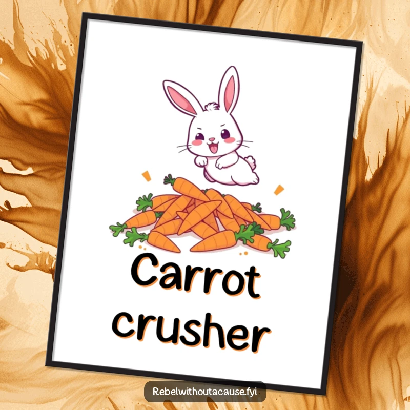 Funny poster of a bold bunny aggressively hopping over discarded carrots, a humorous piece of energetic pet art.