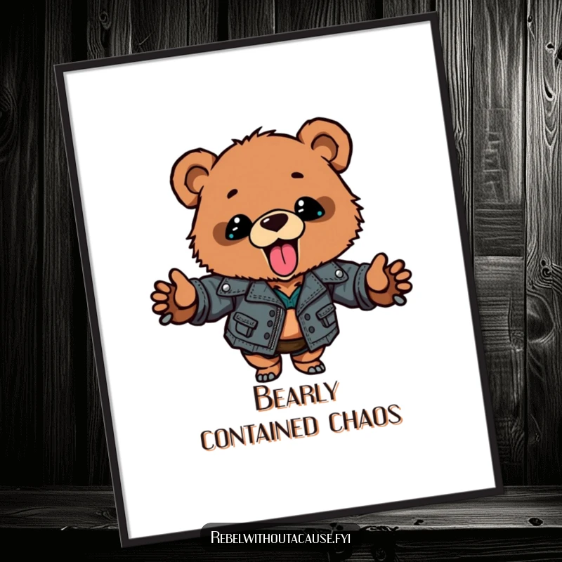 Funny bear cub poster of a cub in a ripped leather jacket sticking its tongue out, a cool and humorous funny gift.