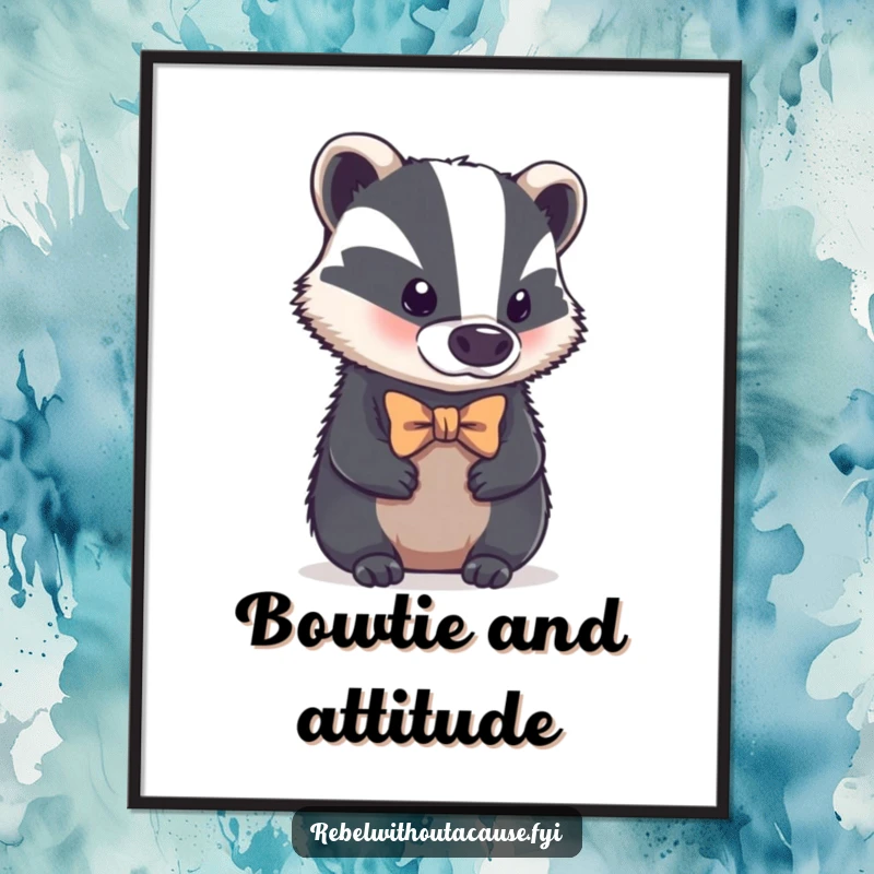 Funny poster of a bold badger wearing a tiny, crooked bowtie, looking aloof, adding dapper charm and dry humor to wall decor, a great funny gift.