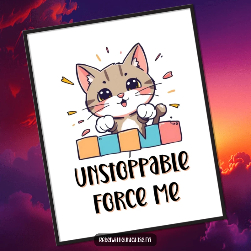 Funny poster art of a bold cat character dramatically crashing through a brightly colored, striped barrier.