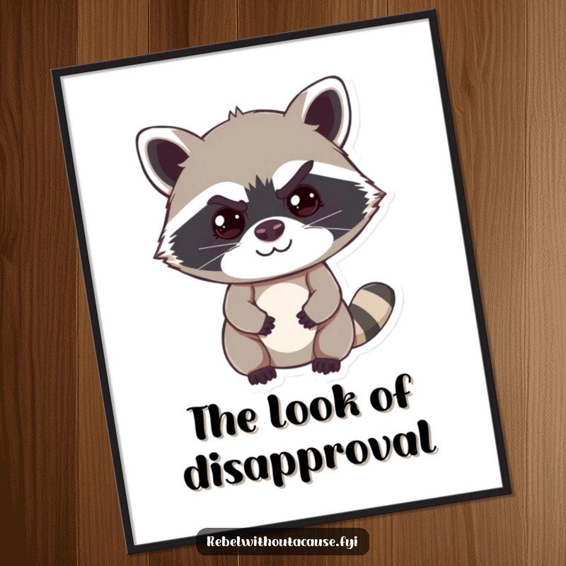 Funny raccoon poster art depicting a cheeky raccoon with a sly smirk and a raised eyebrow, perfect for humor-loving decor.