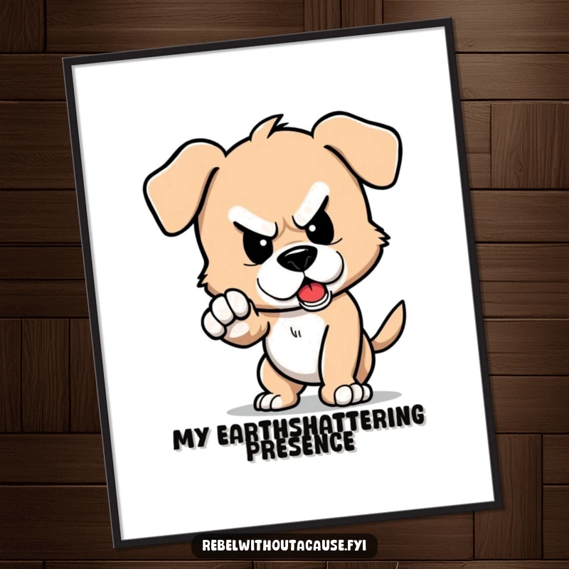 Funny poster art of a defiant puppy character stomping its foot, causing a small, humorous tremor.