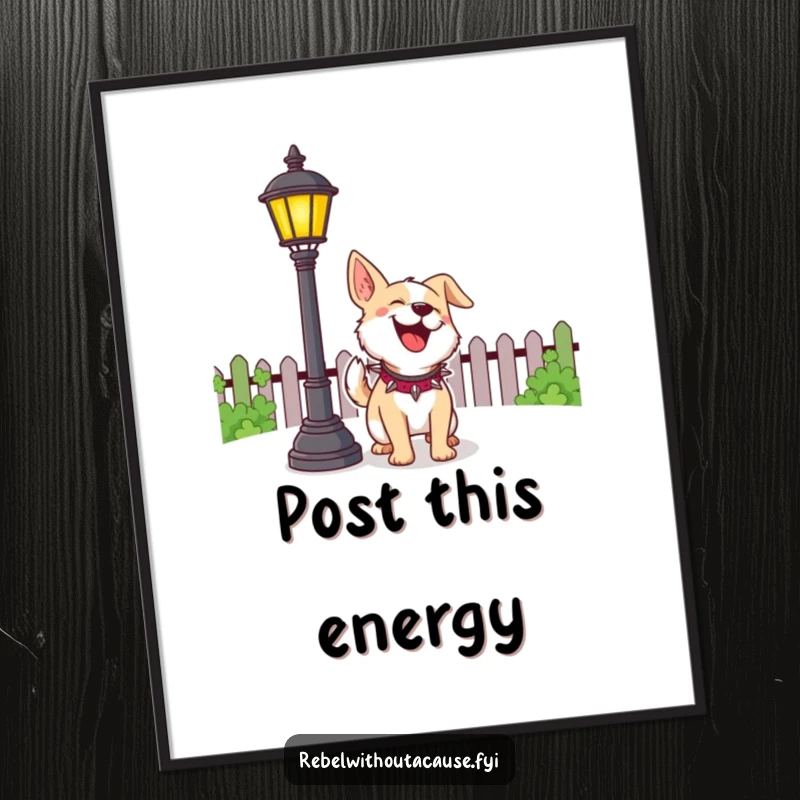 Funny Dog Poster depicting a cheerful dog with a spiked collar playfully barking at a lamppost, a humorous piece of animal art.