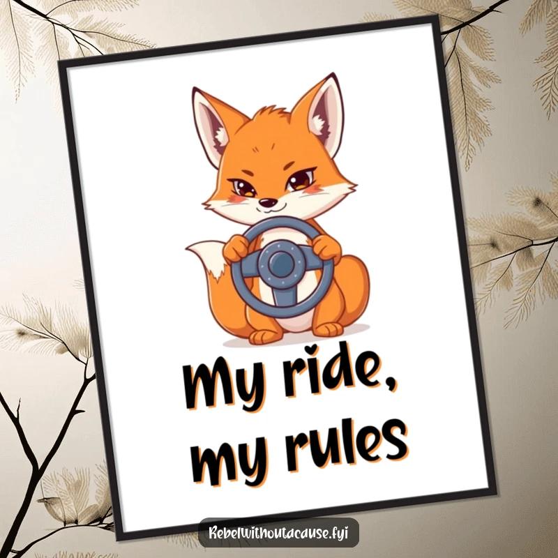 Funny poster print of a sly fox smirking, holding a detached steering wheel, adding a humorous and artistic touch to any room.