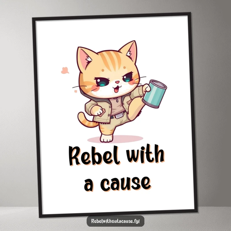 Funny Kawaii Cat Poster depicting a punk kitty in ripped attire, defiantly kicking a tin can with captivating, rebellious feline energy.