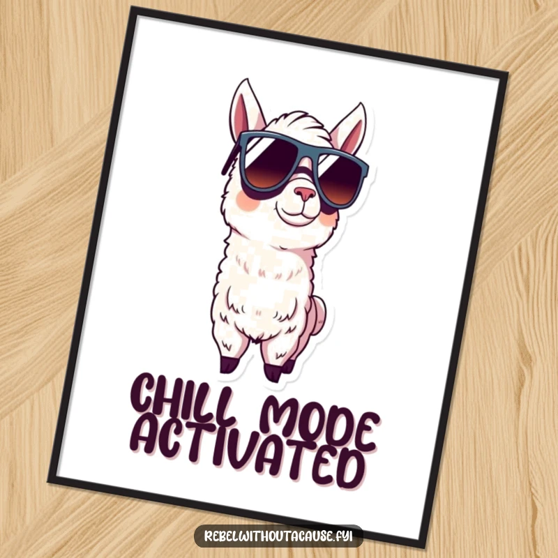 Funny llama wearing oversized sunglasses and a confident stance on a poster, a stylish and humorous artwork.