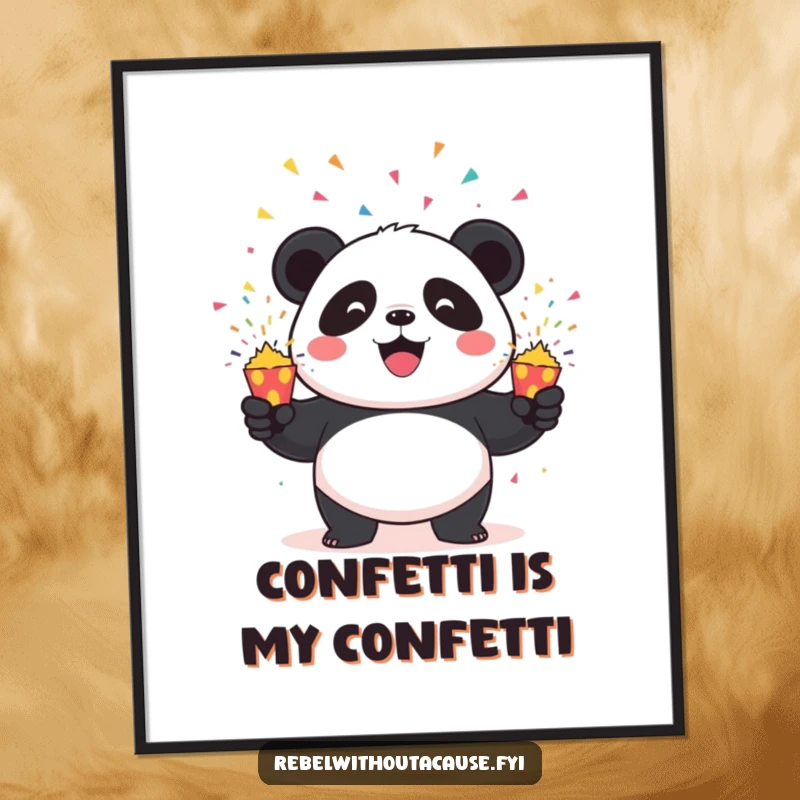 Funny Panda Poster: Mischievous panda in mid-action, juggling three exploding confetti poppers with delightful abandon and explosive color.