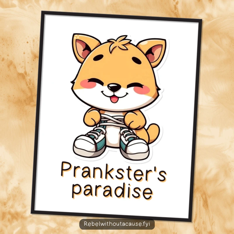 Funny Poster: Playful Animal Character with Mischievous Grin, Tying Shoelaces Together, Capturing Humorous Mischief.