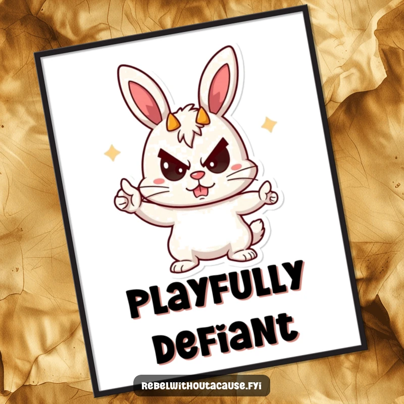 Funny Rebellious Bunny Poster featuring a playful bunny character giving devil horns with a mischievous sneer, adding fun wall art.