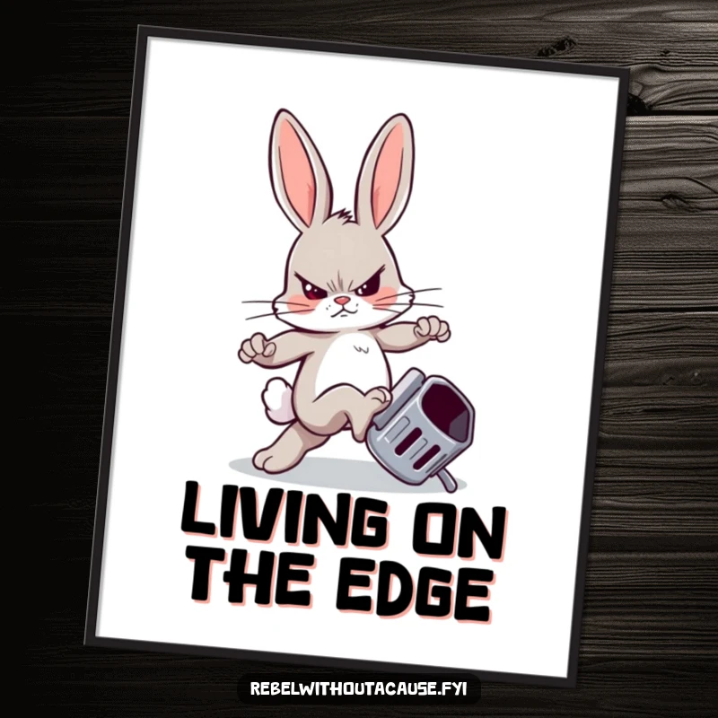 Funny poster of a rebellious bunny sneering while kicking an overturned trash can, adding humorous rebellion to any room.