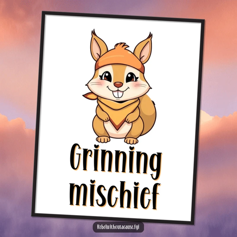 Funny poster print of a mischievous squirrel wearing a bandana and a cheeky grin, full of playful mischief.