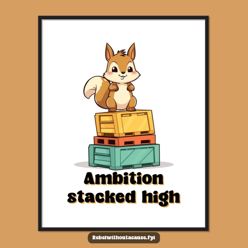 Funny Squirrel Victory Poster: Wall Art of a Fearless Rodent on Crates, Hilarious Decor