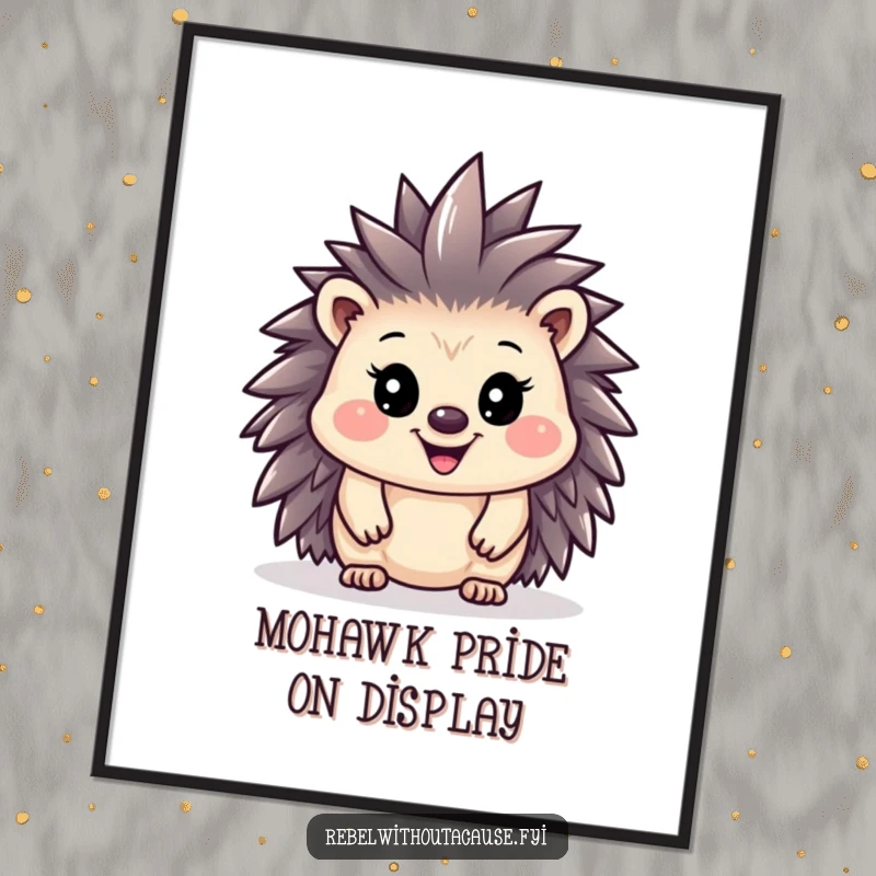 Funny hedgehog with a tiny mohawk and proud grin on a poster, a vibrant piece of punk-inspired art.