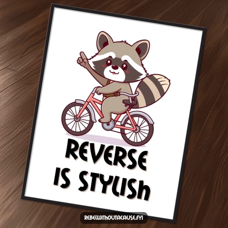 Funny kawaii raccoon giving a cheeky salute, riding a tiny bicycle backwards on a poster.