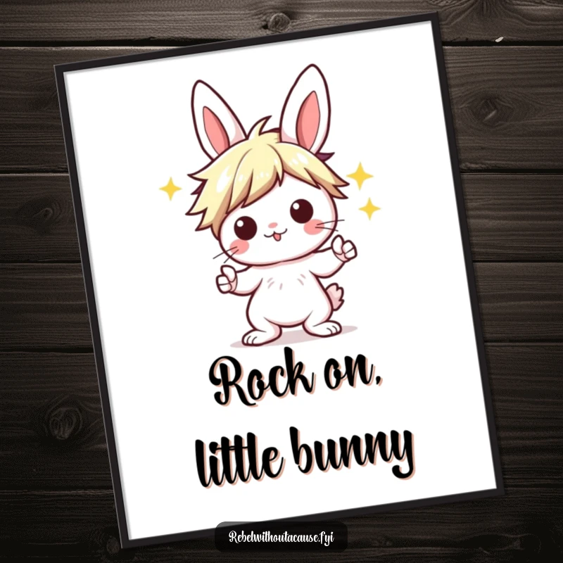 Funny Kawaii Bunny Poster showcasing a punk bunny with a wild hairstyle, striking an iconic 'rock on' pose with electrifying energy.