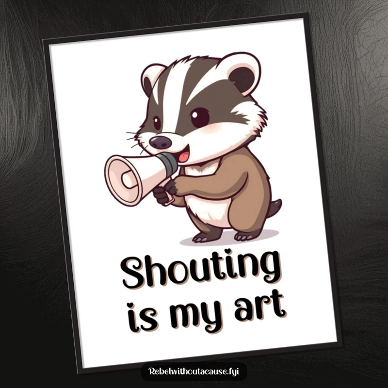 Funny determined badger megaphone poster showing a badger gripping a megaphone, ready to shout, perfect for adding a bold and motivational touch.
