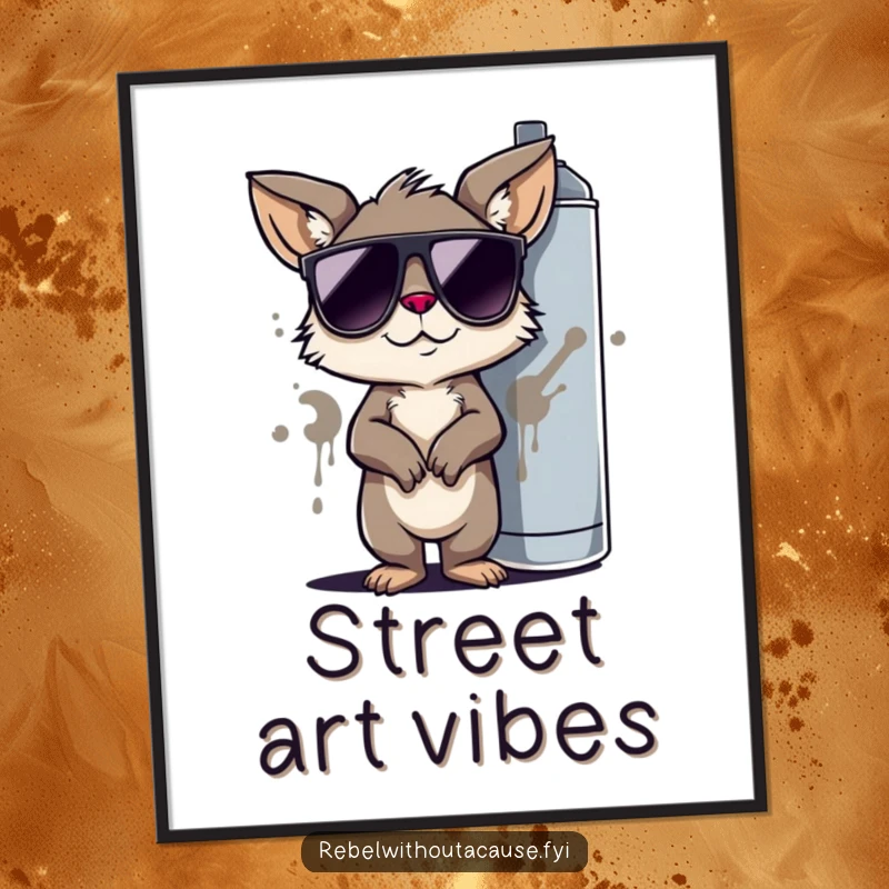 Funny Graffiti Poster: Cool Animal Character in Sunglasses, Leaning on Spray Can, Capturing Street Art and Humor.