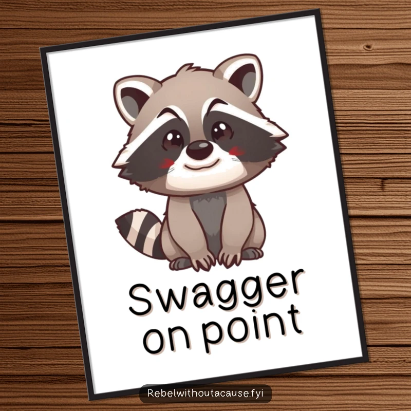 Funny raccoon swagger poster featuring a spunky raccoon looking forward with a confident, slightly mischievous expression, radiating street style.