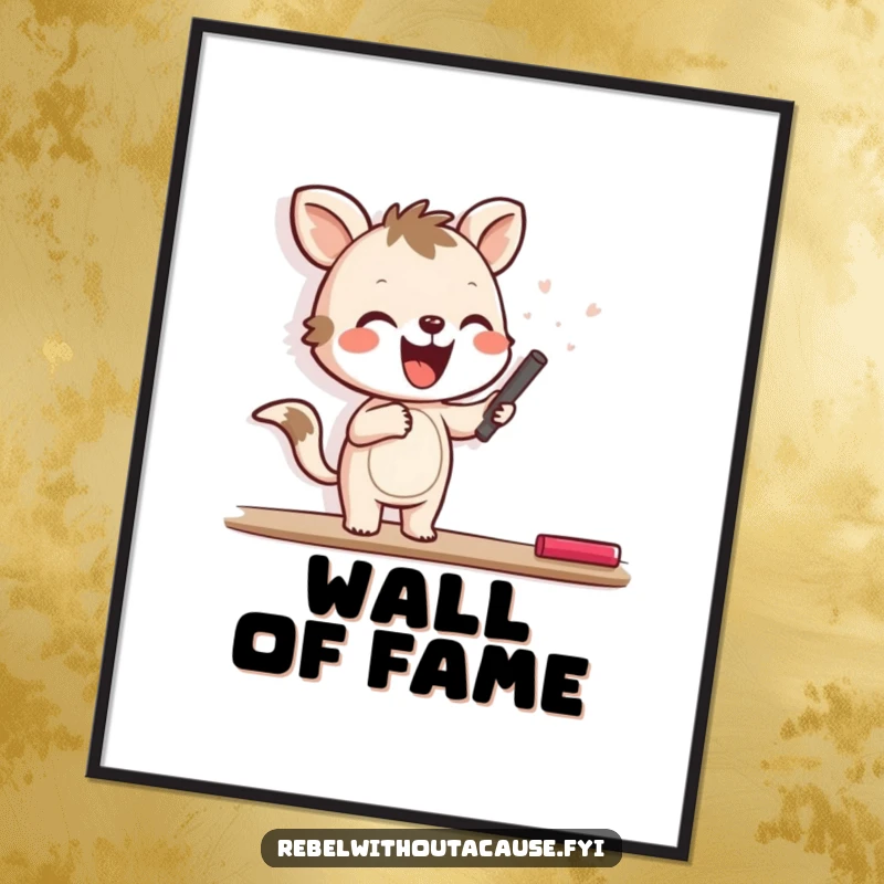 Funny poster featuring a joyful animal character happily scrawling with chalk on a blank wall, displaying vibrant and creative art.