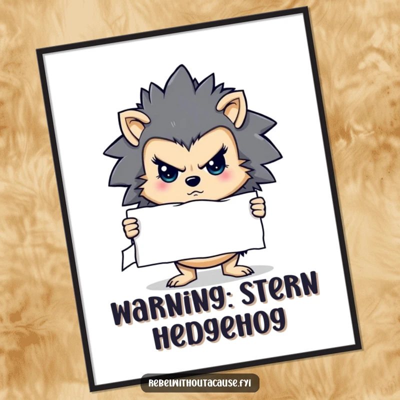 Funny poster of a determined hedgehog character holding a stern, ripped sign, conveying a powerful and serious message.