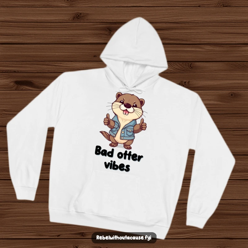 Funny hoodie showcasing a defiant otter wearing a ripped denim jacket and giving a thumbs-down, perfect for a touch of rebellious warmth.