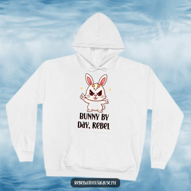 Funny Rebellious Bunny Hoodie featuring a playful bunny giving devil horns with a cheeky sneer, embodying cozy mischief.