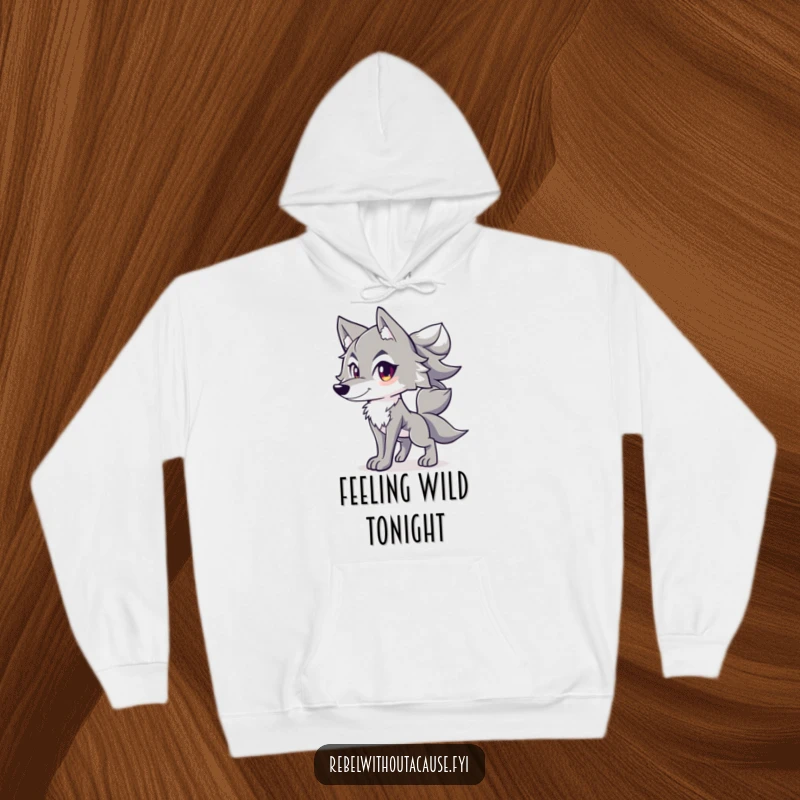 Funny hoodie featuring a spirited wolf with a confident stance and tail held high, representing untamed spirit.