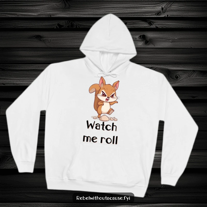 Funny hoodie featuring a determined squirrel character ferociously kicking a tiny pebble, embodying unwavering spirit.