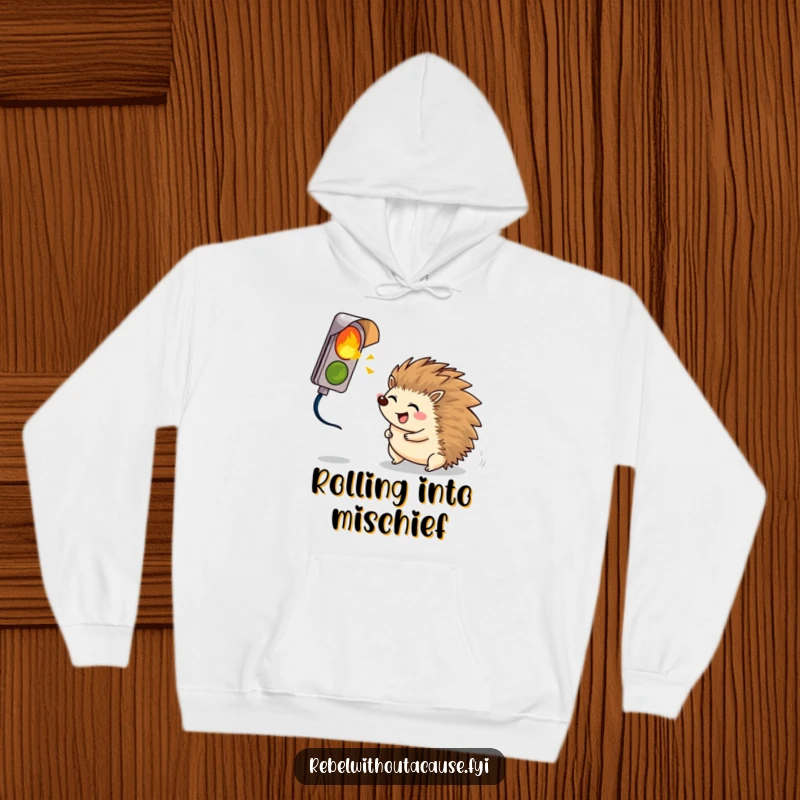 Funny giggling hedgehog rolling towards a broken signal light, printed on a soft and warm hoodie.