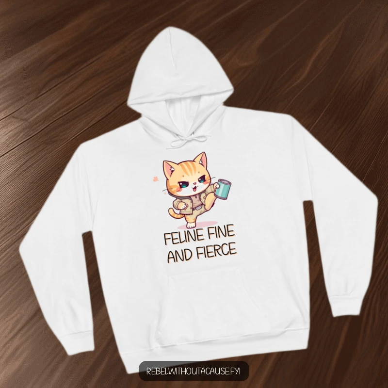 Funny Kawaii Cat Hoodie featuring a defiant punk kitty wearing a ripped jacket and kicking a tin can, radiating cool rebel vibes.