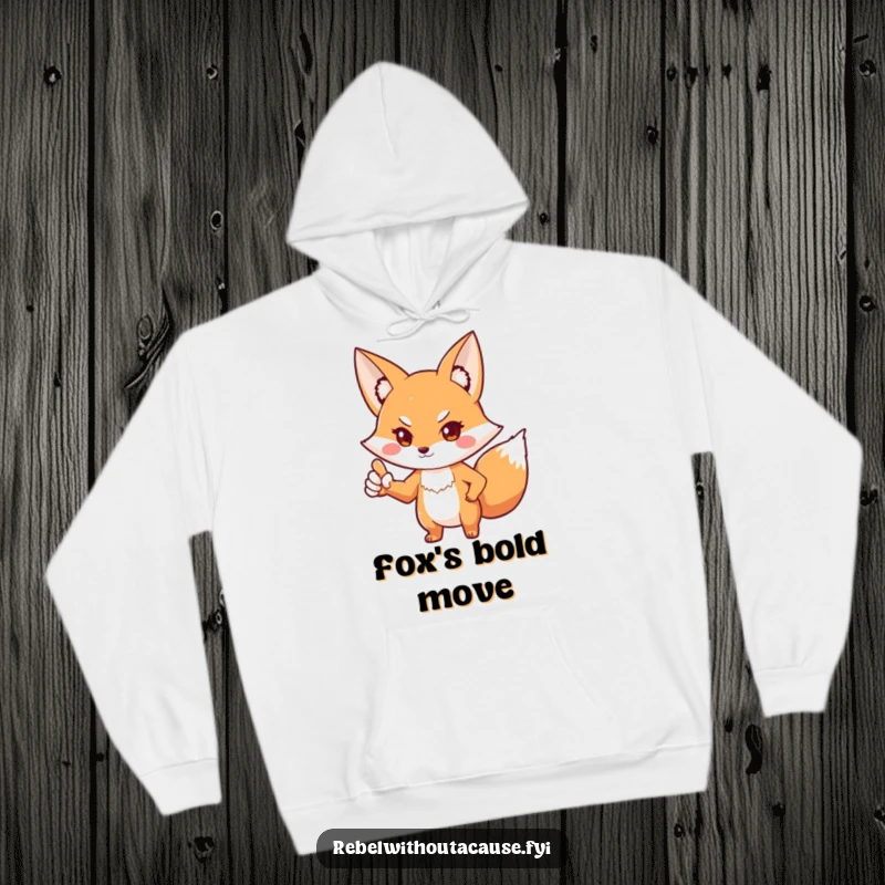 Funny fox hoodie featuring a playful fox with a defiant stance, pointing one paw outwards. Cozy and humorous attire for bold personalities.