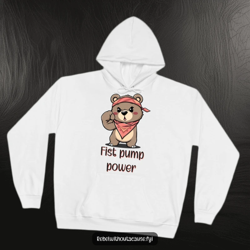 Funny Bear Hoodie featuring a determined, bandana-wearing bear throwing a powerful fist, wonderful funny gift.