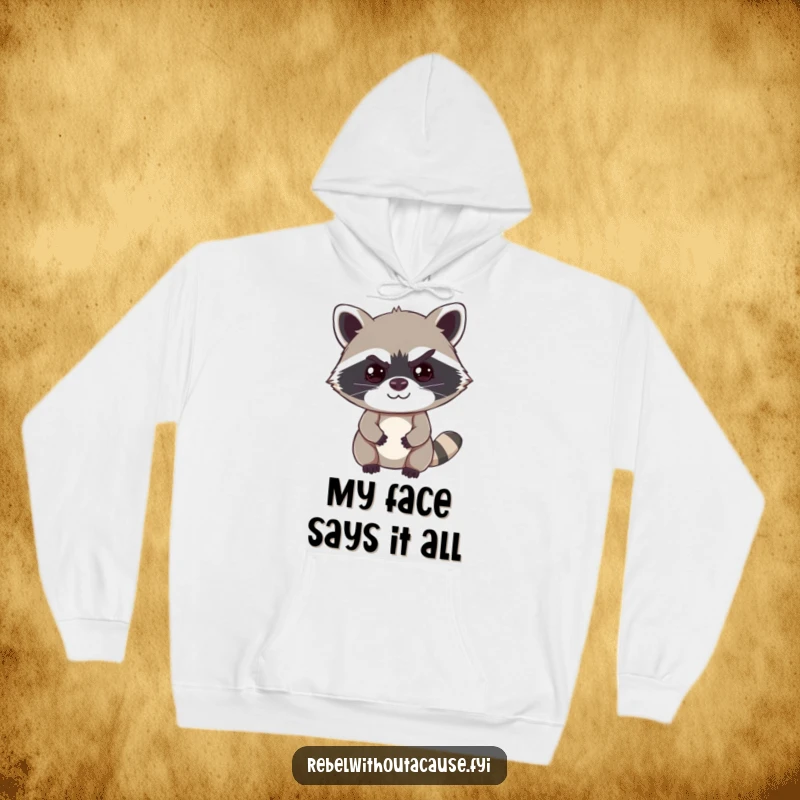 Funny raccoon hoodie featuring a cheeky raccoon with a sly smirk and a raised eyebrow, radiating mischievous charm and humor.