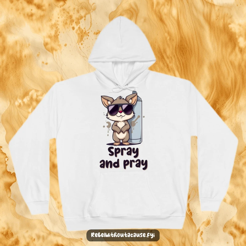 Funny Warm Hoodie Featuring a Cool Animal in Sunglasses, Leaning on a Graffiti Spray Can, Urban Art Vibe.