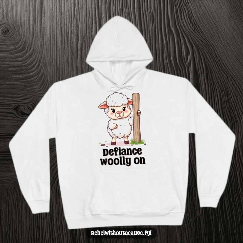 Funny hoodie featuring a fluffy sheep with a determined stance, proudly holding a broken fence post, illustrating defiance.