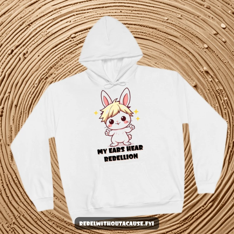Funny Kawaii Bunny Hoodie depicting a punk rocker bunny with a wild hairstyle, striking an epic 'rock on' pose with rebellious energy.