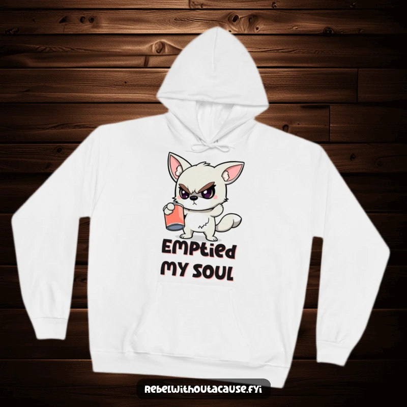 Funny hoodie showcasing a defiant animal character holding a cracked, empty paint can, perfect for cozy rebellion and artistic expression.